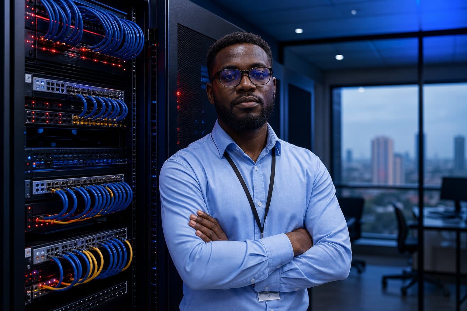 DCL technician working on office network infrastructure